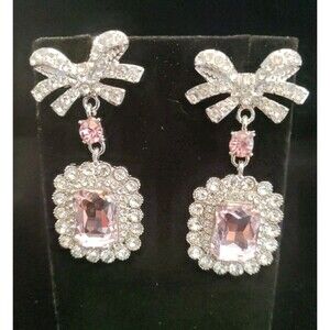 Silver Tone W/ Pink & Clear Crystals Dangle Bow Earrings 2" X 1"